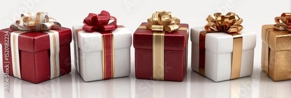 Obraz Different wrapped gift boxes with red, white, and gold ribbons, isolated on a pure white background. Christmas presents