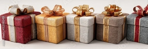 Obraz Different wrapped gift boxes with red, white, and gold ribbons, isolated on a pure white background. Christmas presents