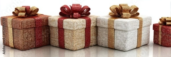 Obraz Different wrapped gift boxes with red, white, and gold ribbons, isolated on a pure white background. Christmas presents