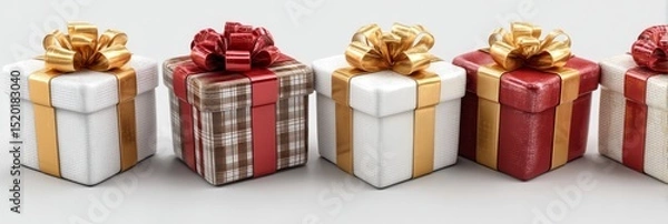 Obraz Different wrapped gift boxes with red, white, and gold ribbons, isolated on a pure white background. Christmas presents