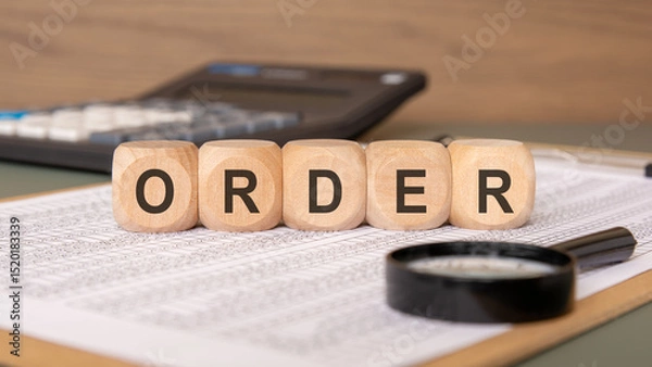 Obraz Wooden cubes spelling ORDER on documents with a magnifying glass and calculator