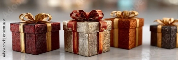 Obraz Different wrapped gift boxes with red, white, and gold ribbons, isolated on a pure white background. Christmas presents