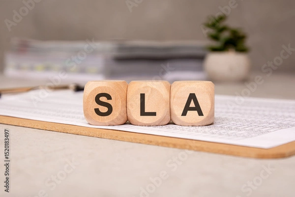 Obraz wooden cubes spelling SLA on a clipboard with documents, symbolizing service-level agreement
