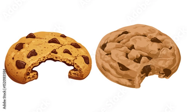Fototapeta Bitten cookie with chocolate chips cartoon illustration. Chocolate Cookies Flat design. Stack of delicious chocolate chip cookies.