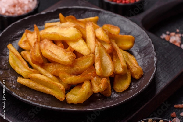 Obraz Fried crispy French fries with salt, spices, food for lunch