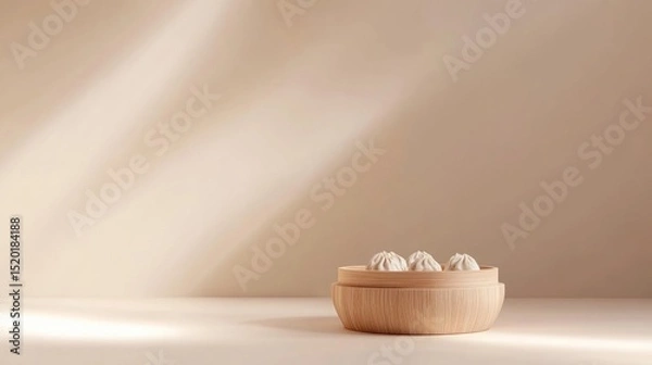 Fototapeta Minimalist background with centered bamboo steamer containing beautifully arranged dumplings