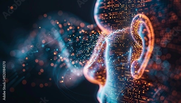 Obraz Human ear with digital data flowing in, symbolizing the connection between technology and listening skills for an enhanced customer experience. AI emphasize human interaction. Music and sound therapy