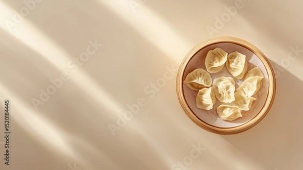 Fototapeta Minimalist background with centered bamboo steamer containing beautifully arranged dumplings