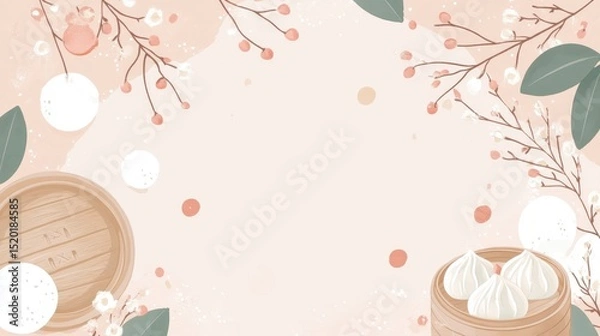 Fototapeta Minimalist background with centered bamboo steamer containing beautifully arranged dumplings