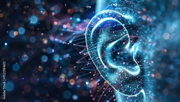 Obraz Human ear with digital data flowing in, symbolizing the connection between technology and listening skills for an enhanced customer experience. AI emphasize human interaction. Music and sound therapy