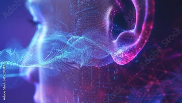 Obraz Human ear with digital data flowing in, symbolizing the connection between technology and listening skills for an enhanced customer experience. AI emphasize human interaction. Music and sound therapy