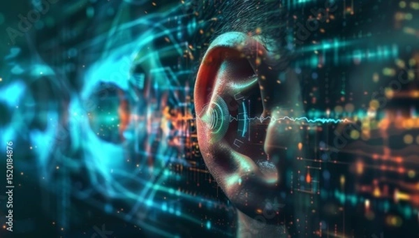 Obraz Human ear with digital data flowing in, symbolizing the connection between technology and listening skills for an enhanced customer experience. AI emphasize human interaction. Music and sound therapy