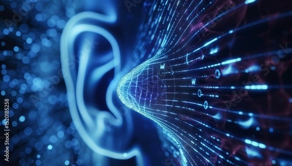 Obraz Human ear with digital data flowing in, symbolizing the connection between technology and listening skills for an enhanced customer experience. AI emphasize human interaction. Music and sound therapy
