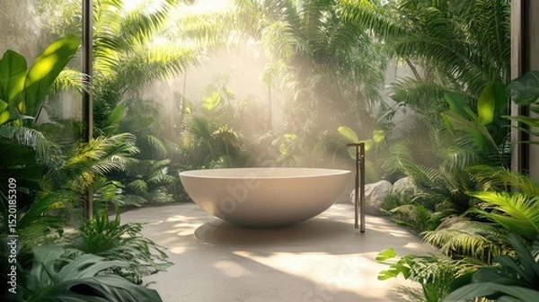 Fototapeta Minimalist bathtub set into a concrete floor, surrounded by lush green plants and soft natural light