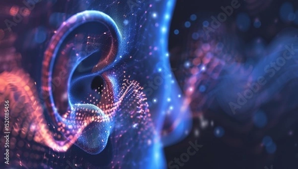Obraz Human ear with digital data flowing in, symbolizing the connection between technology and listening skills for an enhanced customer experience. AI emphasize human interaction. Music and sound therapy