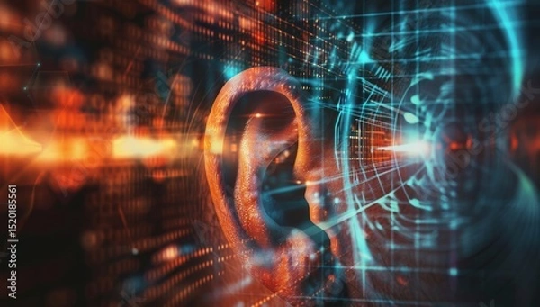Obraz Human ear with digital data flowing in, symbolizing the connection between technology and listening skills for an enhanced customer experience. AI emphasize human interaction. Music and sound therapy