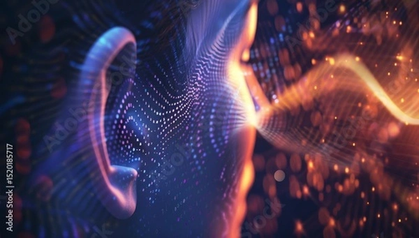 Obraz Human ear with digital data flowing in, symbolizing the connection between technology and listening skills for an enhanced customer experience. AI emphasize human interaction. Music and sound therapy