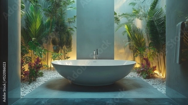 Fototapeta Minimalist bathtub set into a concrete floor, surrounded by lush green plants and soft natural light