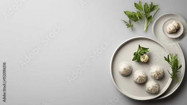 Fototapeta Minimalist modern presentation of dim sum on matte ceramic plates with clean background