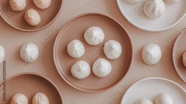 Fototapeta Minimalist modern presentation of dim sum on matte ceramic plates with clean background