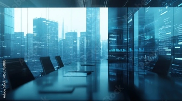 Obraz Futuristic Office View with Cityscape and Digital Data Visualizations