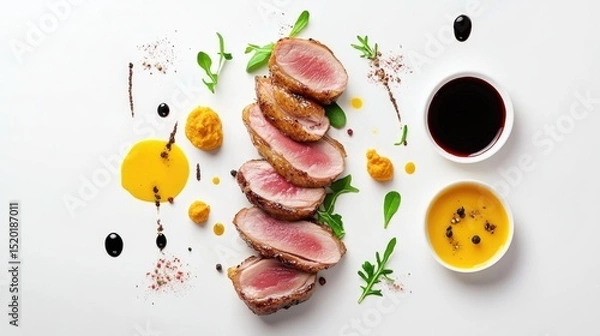 Fototapeta Minimalist presentation of duck slices on a clean white background with sauces and greens