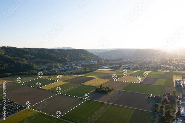 Obraz Land plot in aerial view. Gps registration survey of property, real estate for map with location, area. Concept for residential construction and development. Also home, house for sale, buy, purchase.