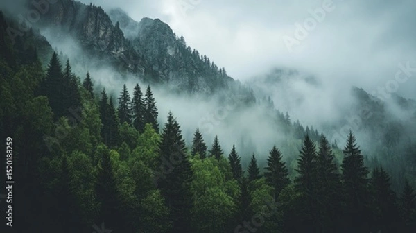 Fototapeta Mist clinging to jagged rock peaks in a moody, overcast forest atmosphere