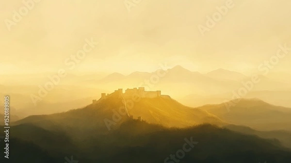 Fototapeta Misty sunrise over the Great Wall with golden light diffused through clouds and rolling hills