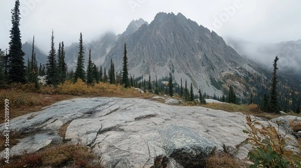 Fototapeta Mist clinging to jagged rock peaks in a moody, overcast forest atmosphere