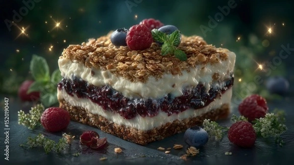 Fototapeta Delicious Layered Raspberry Blueberry Cream Cake with Granola Topping