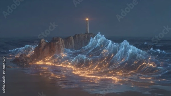 Fototapeta Luminous Ocean Waves Crashing Against Coastal Lighthouse at Night