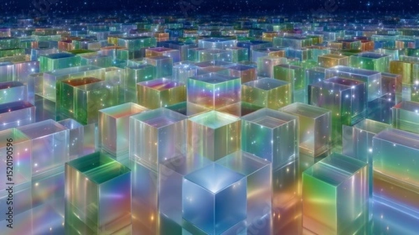 Fototapeta Luminous Glass Cubes Abstract Background  Futuristic Cityscape  Iridescent Blocks  Colorfu