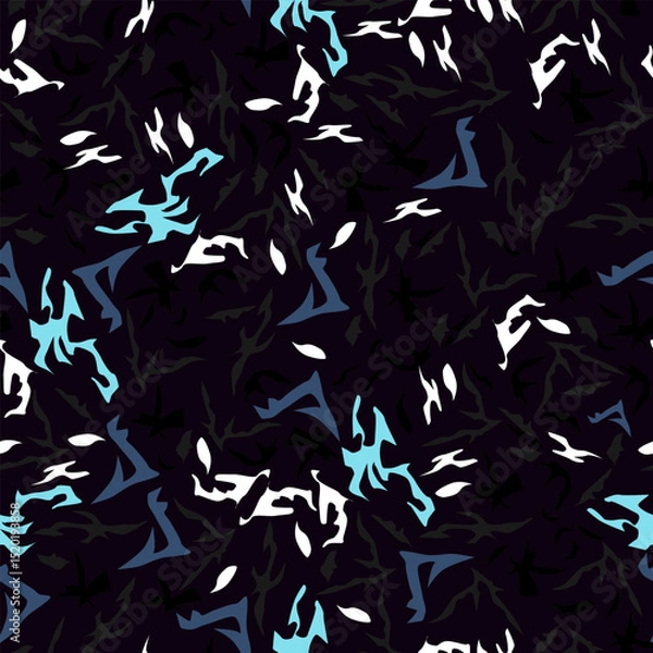 Obraz Seamless pattern with small abstract figures in blue and white shades on a dark background, reminiscent of camouflage. Vector illustration, For the design of stylish abstract patterns and backgrounds