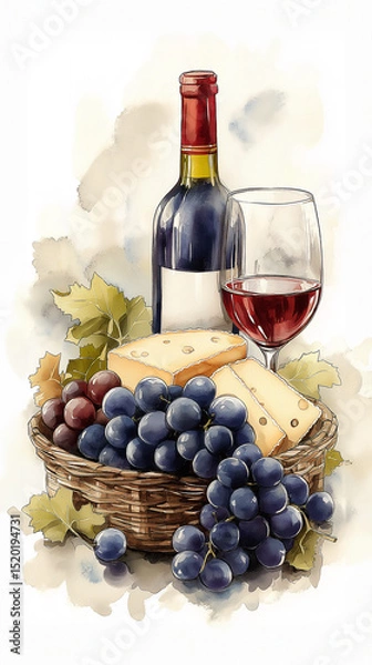 Obraz A stunningly arranged basket showcasing assorted cheese, fresh grapes, a glass of exquisite red wine, and a bottle