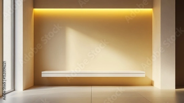 Fototapeta Modern Minimalist Interior with Shelf and Warm Ambient Lighting