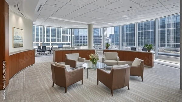 Fototapeta Modern Office Interior with Comfortable Seating and Large Windows