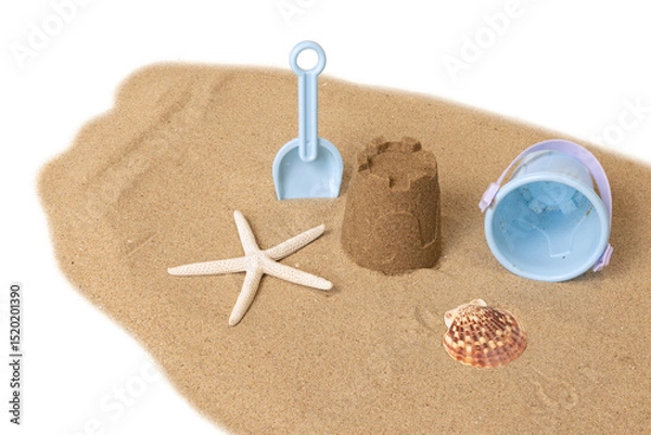 Obraz Seau de plage, jeux et coquillages sur un fond de sable de plage