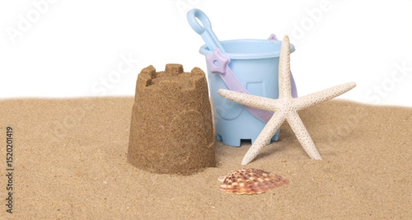 Obraz Seau de plage, jeux et coquillages sur un fond de sable de plage