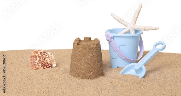 Fototapeta Seau de plage, jeux et coquillages sur un fond de sable de plage