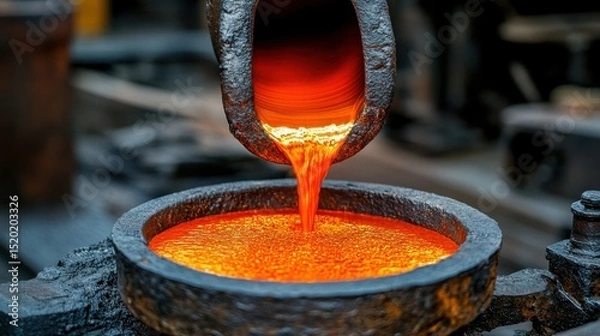 Fototapeta Molten Metal Being Poured Into Mold at Foundry Workshop