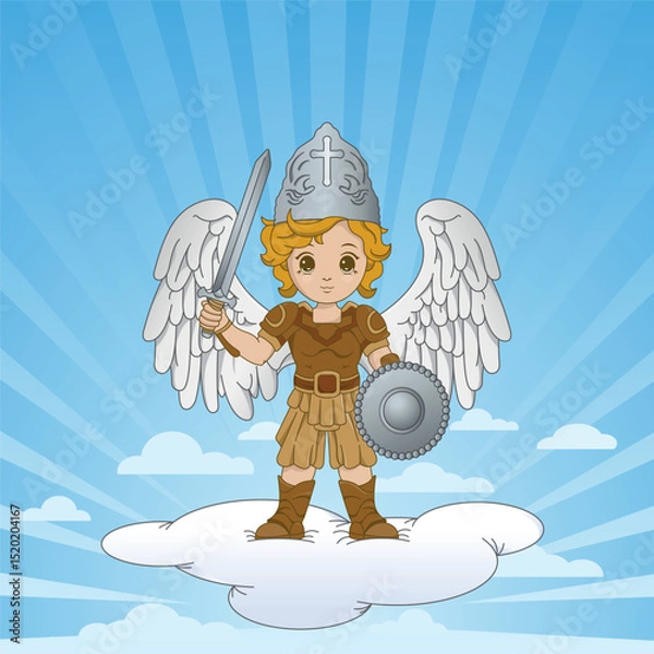 Obraz Drawing of Archangel Michael with shield and sword standing on a cloud against a blue sky background