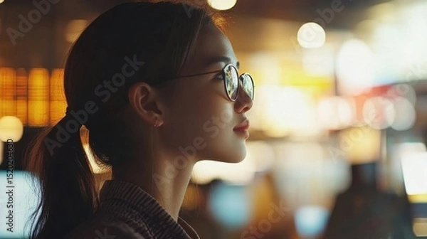 Fototapeta Profile of a young woman with glasses in a softly lit environment
