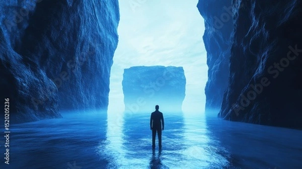 Fototapeta Solitary Figure in Ethereal Canyon Facing Mysterious Monolith