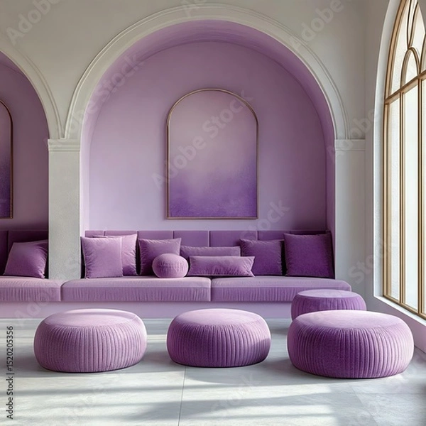 Obraz Stylish interior featuring a modern purple lounge area with circular poufs, soft cushions, and elegant architectural details, perfect for contemporary decor.