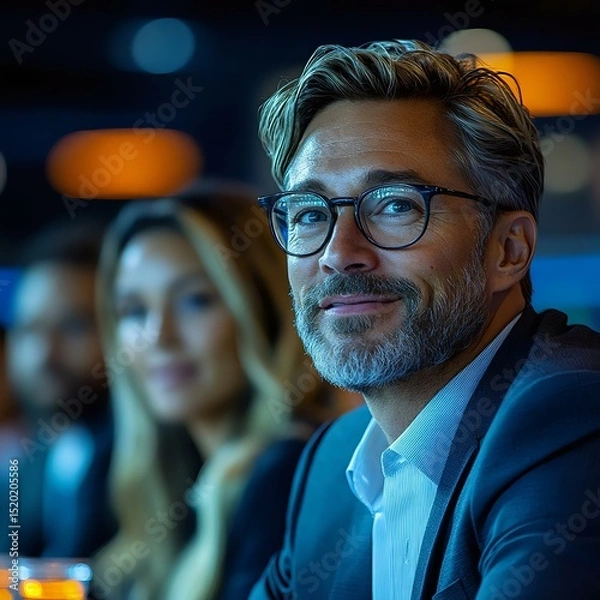 Obraz A confident businessman with glasses smiles at an event, captured in a dimly lit setting with colleagues in the background, showcasing positive networking
