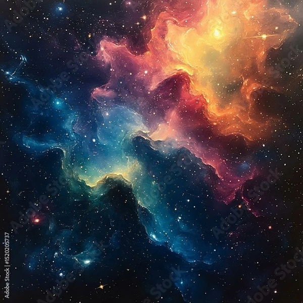 Obraz A vibrant cosmic scene showcasing colorful nebulae and stars against a dark space backdrop, evoking the beauty of the universe.