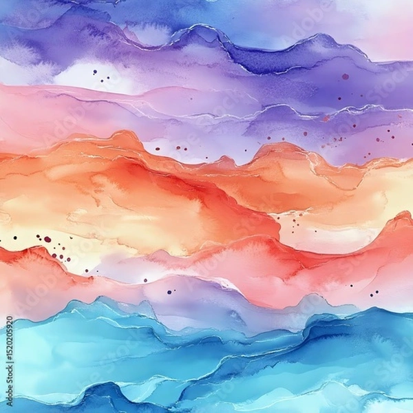 Obraz Beautiful abstract watercolor landscape featuring flowing waves of orange, pink, purple, and blue, evoking a serene and dreamy atmosphere.