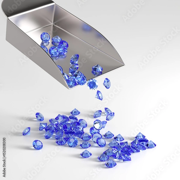 Fototapeta Blue sapphires fall from a scoop on a white background. Selection and sorting of stones. Jewelry industry. 3d rendering.