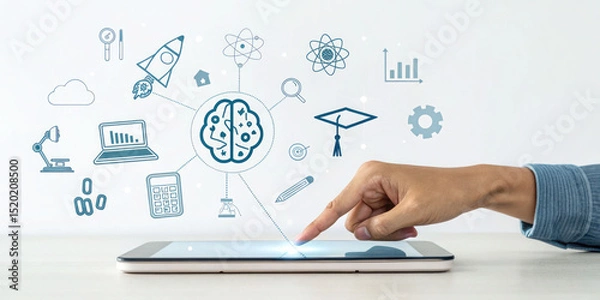 Obraz Ai learning education technology concept with brain icons on tablet for online courses and knowledge